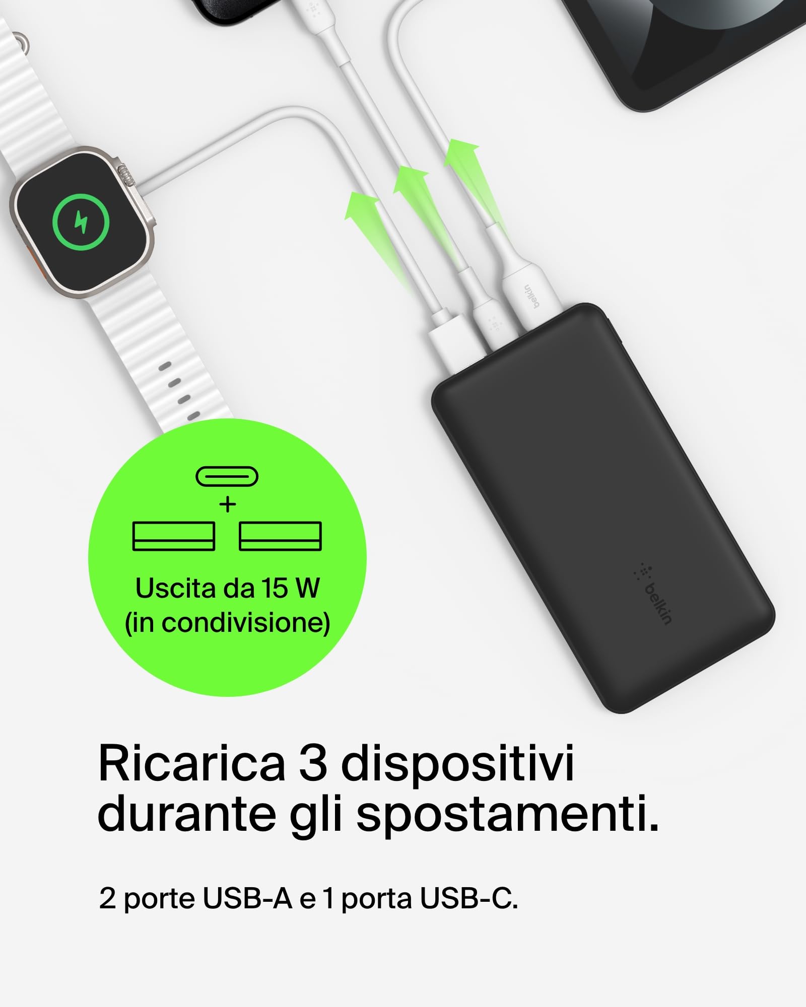 belkin-boostcharge-power-bank-usb-c-20k-20000mah-con-3-porte-e-cavo-usb-a-usb-c- image 2