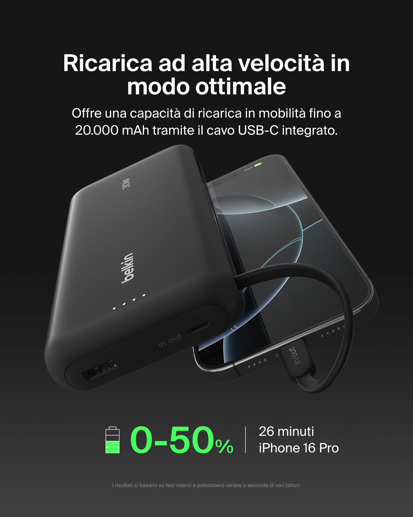 belkin-boostcharge-power-bank-20-000-mah-pd-30-w-con-cavo-usb-c-integrato-nero image 2