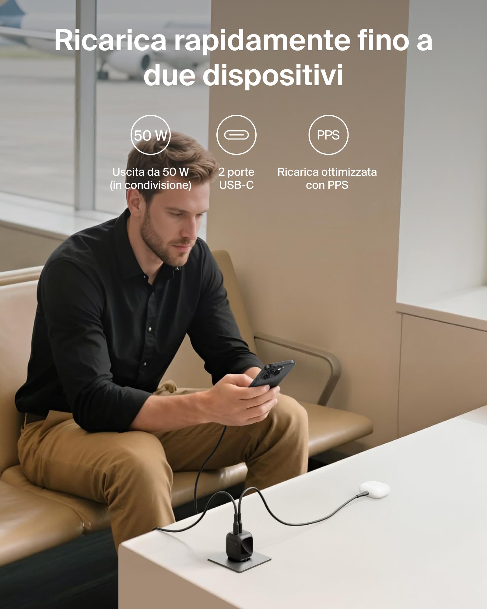 belkin-caricatore-usb-c-dual-porta-50w-gan-pd-3-1-ricarica-rapida-per-macbook-ip image 2