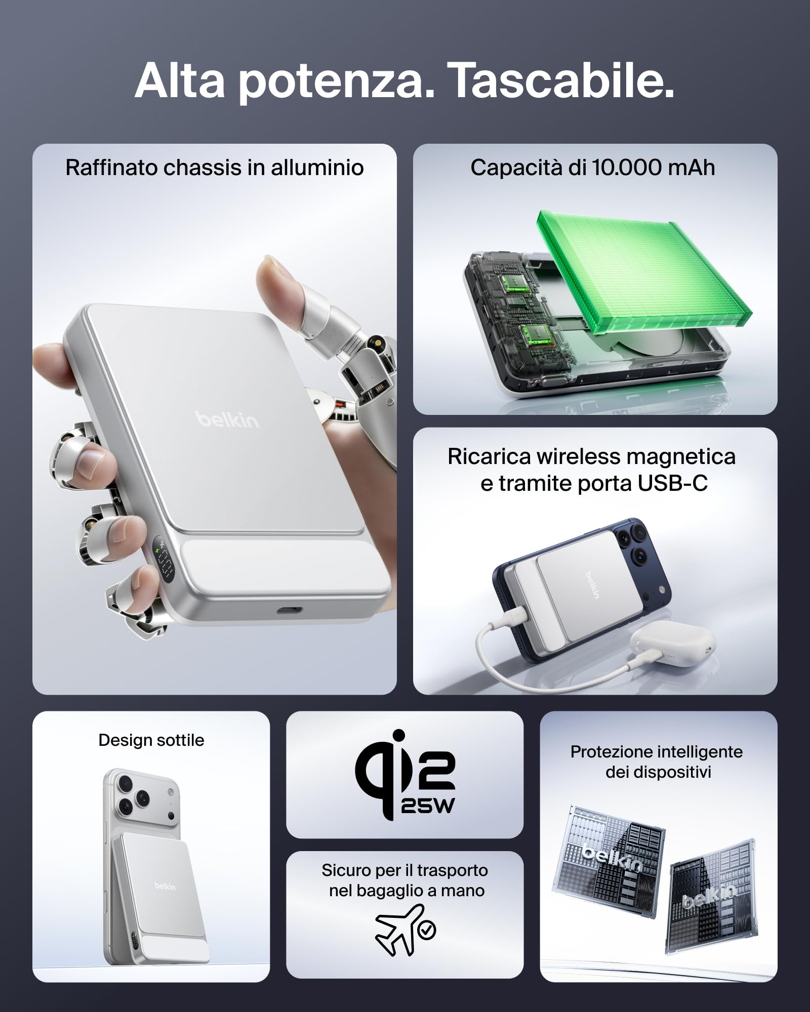 belkin-ultracharge-10-000-mah-power-bank-qi2-25w-magnetico-con-cavo-usb-c-bianco image 2