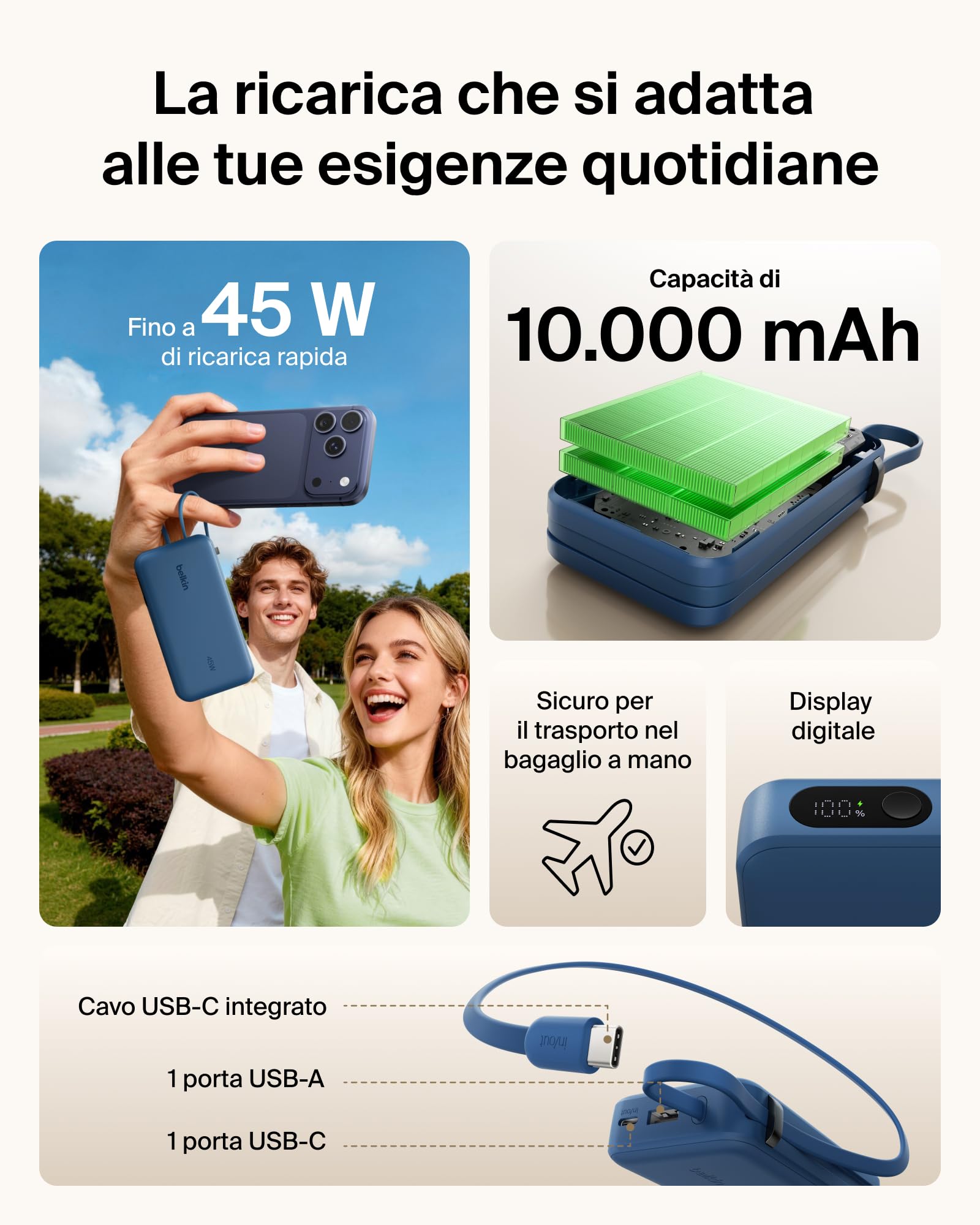 belkin-ultracharge-power-bank-10-000-mah-45-w-pd-con-cavo-usb-c-integrato-e-disp image 2