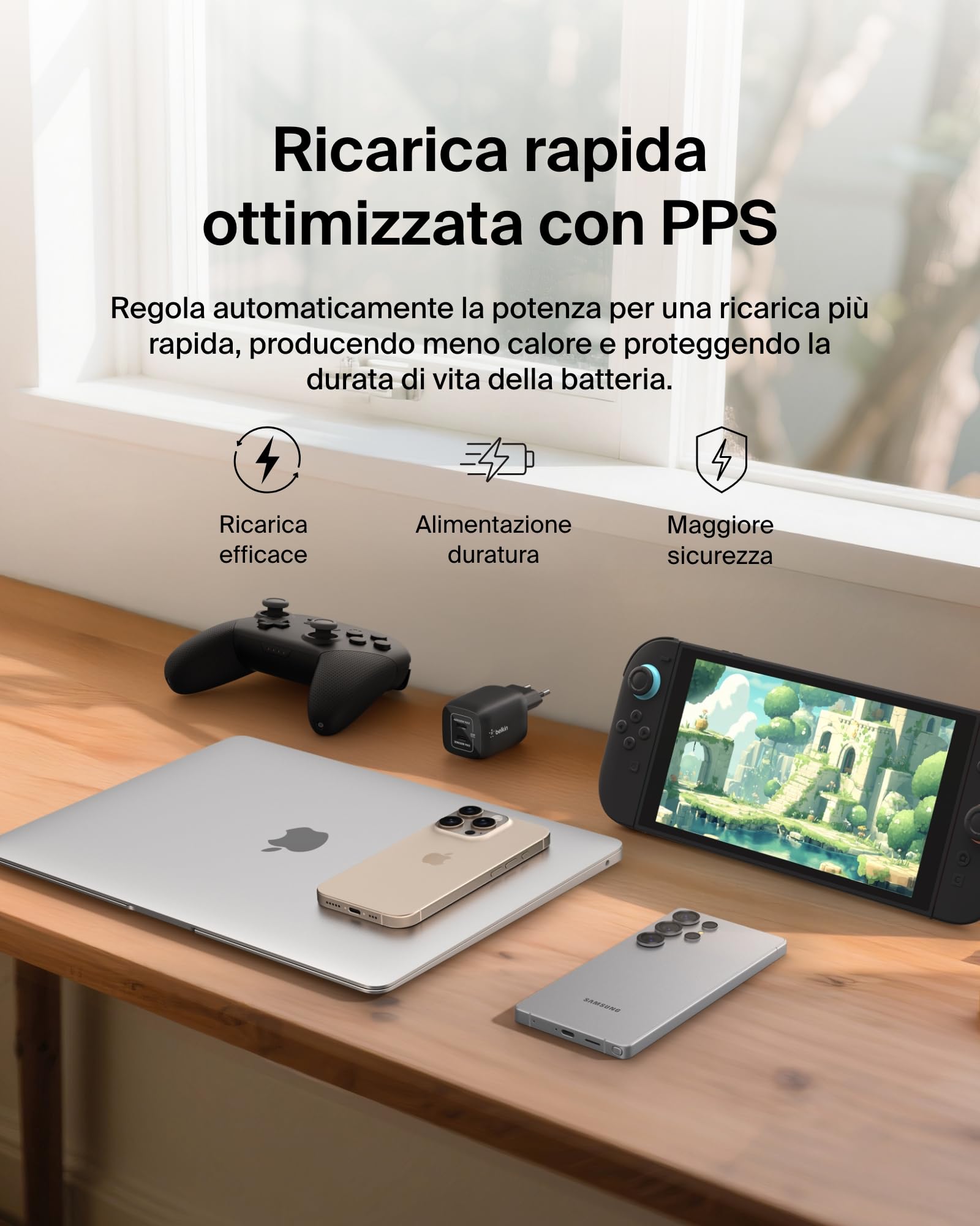 belkin-gaming-doppio-caricatore-da-muro-usb-c-65w-gan-pd-3-0-pps-ricarica-rapida image 6