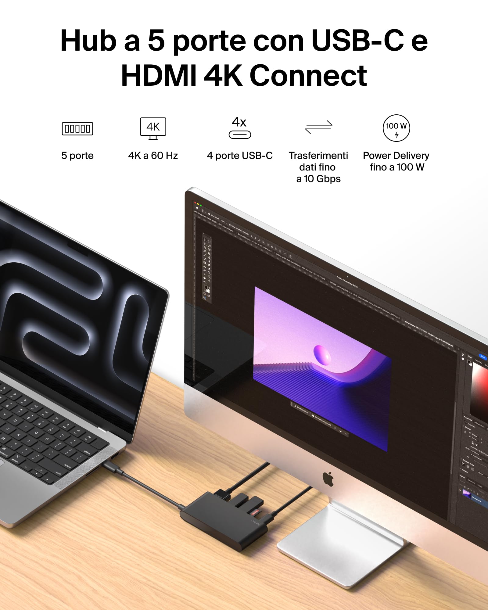 belkin-hub-usb-c-5-porte-con-hdmi-4k-60hz-power-delivery-100w-dati-10gbps-dockin image 2