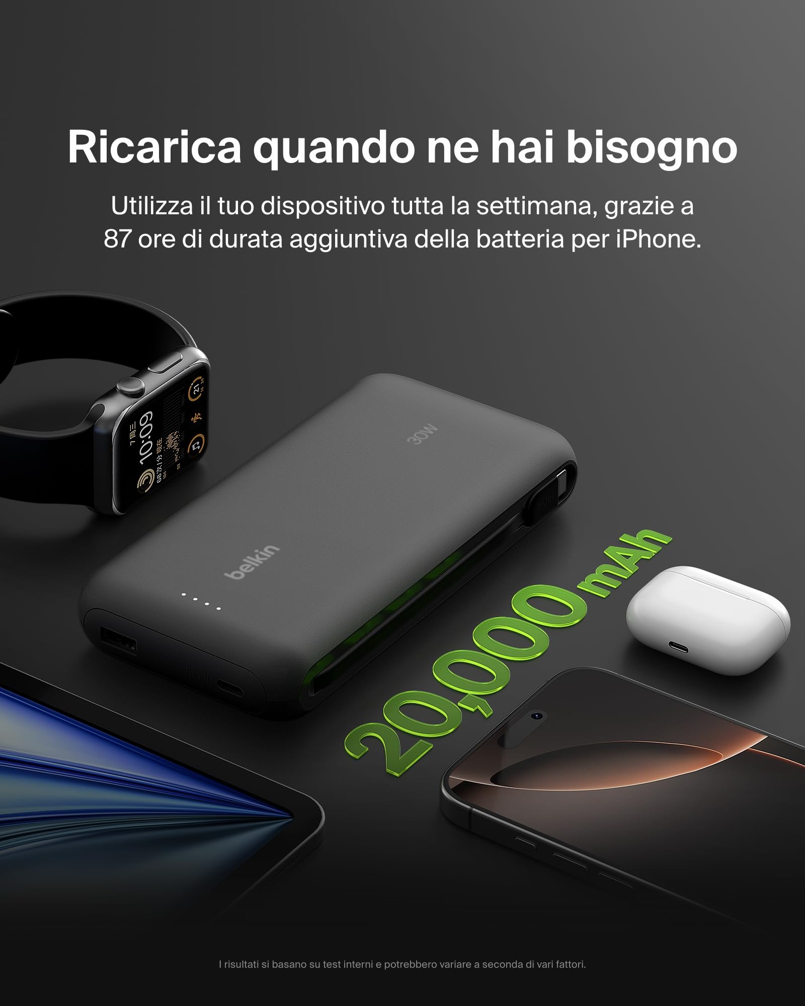 belkin-boostcharge-power-bank-20-000-mah-pd-30-w-con-cavo-usb-c-integrato-nero image 5