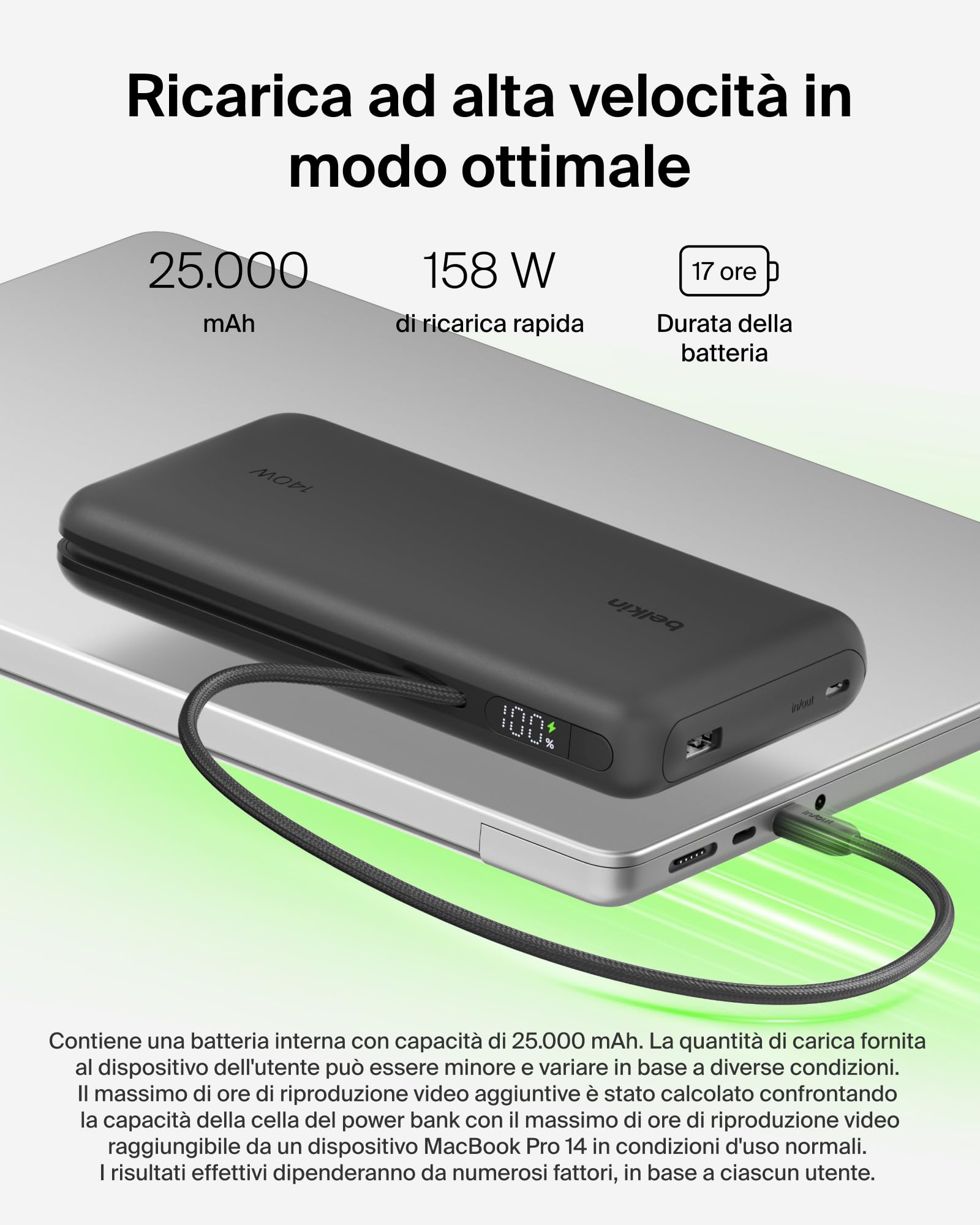 belkin-ultracharge-pro-power-bank-25000-mah-con-cavo-usb-c-integrato-usb-pd-158w image 2