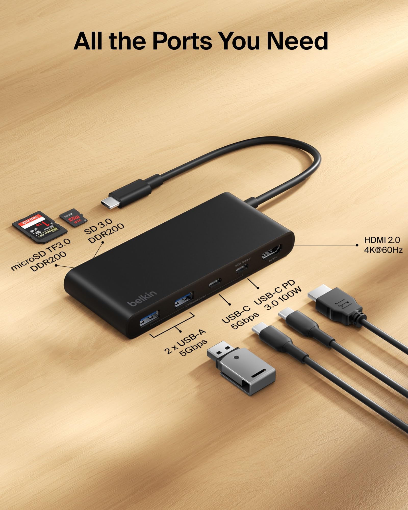 belkin-hub-usb-c-a-7-porte-con-hdmi-4k-60hz-sd-microsd-pd-100w-5-gbps-75-materia image 3